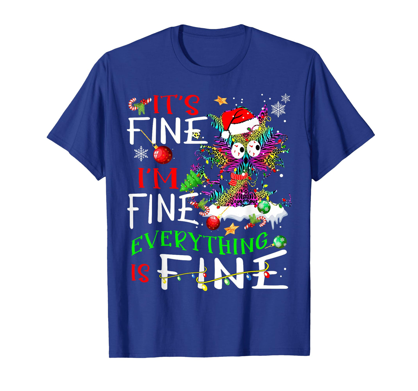 It's Fine I'm Fine Everything Is Fine Tie Dye Cat Xmas Light T-Shirt