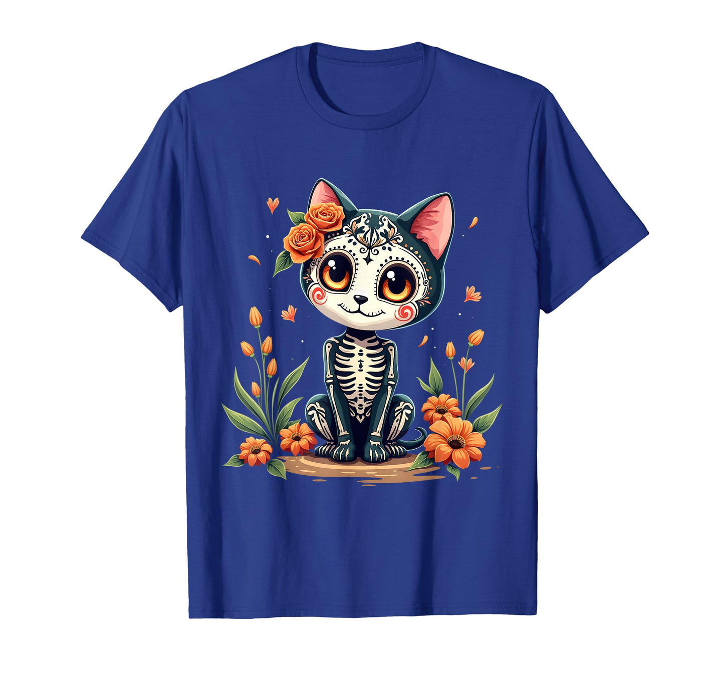 Colorful Sugar Skull Cat Tee Mexican Halloween T-Shirt