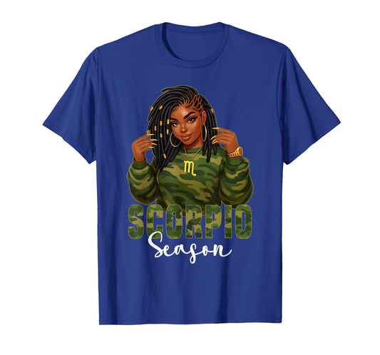 Scorpio Season Loc'd Black Woman Camo Zodiac Sign T-Shirt