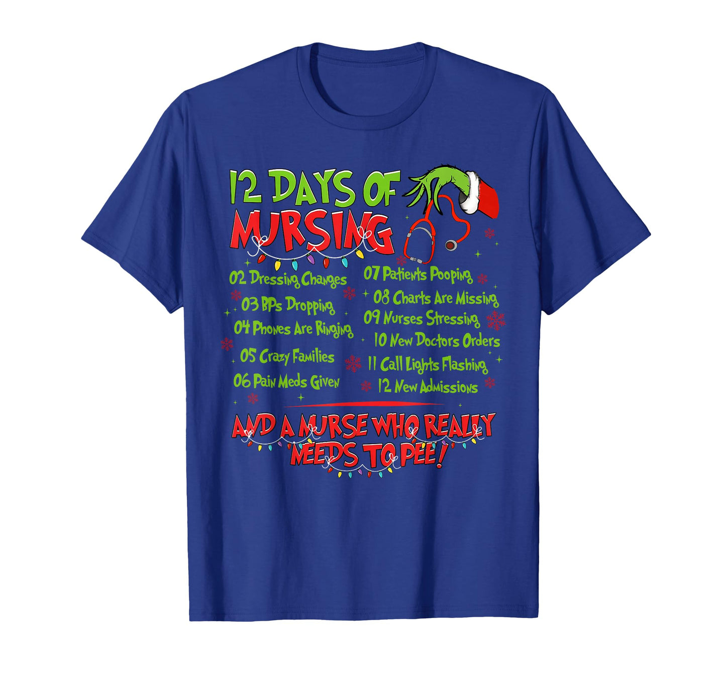 12 Days of Nursing Nurse Merry Christmas Xmas Lights Holiday T-Shirt