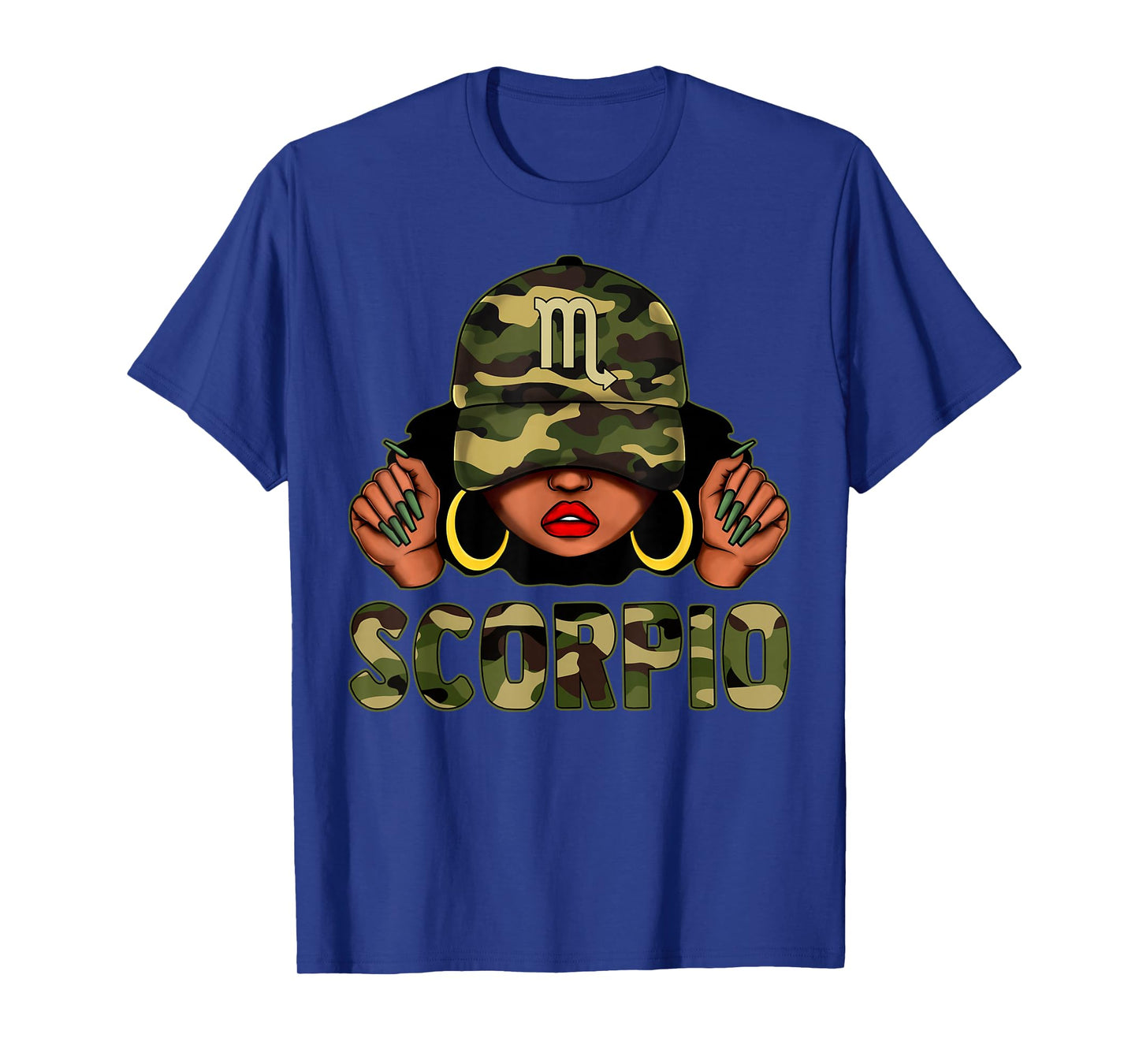 Scorpio Queen Black Woman with Cap Camo Afro Girl Zodiac T-Shirt