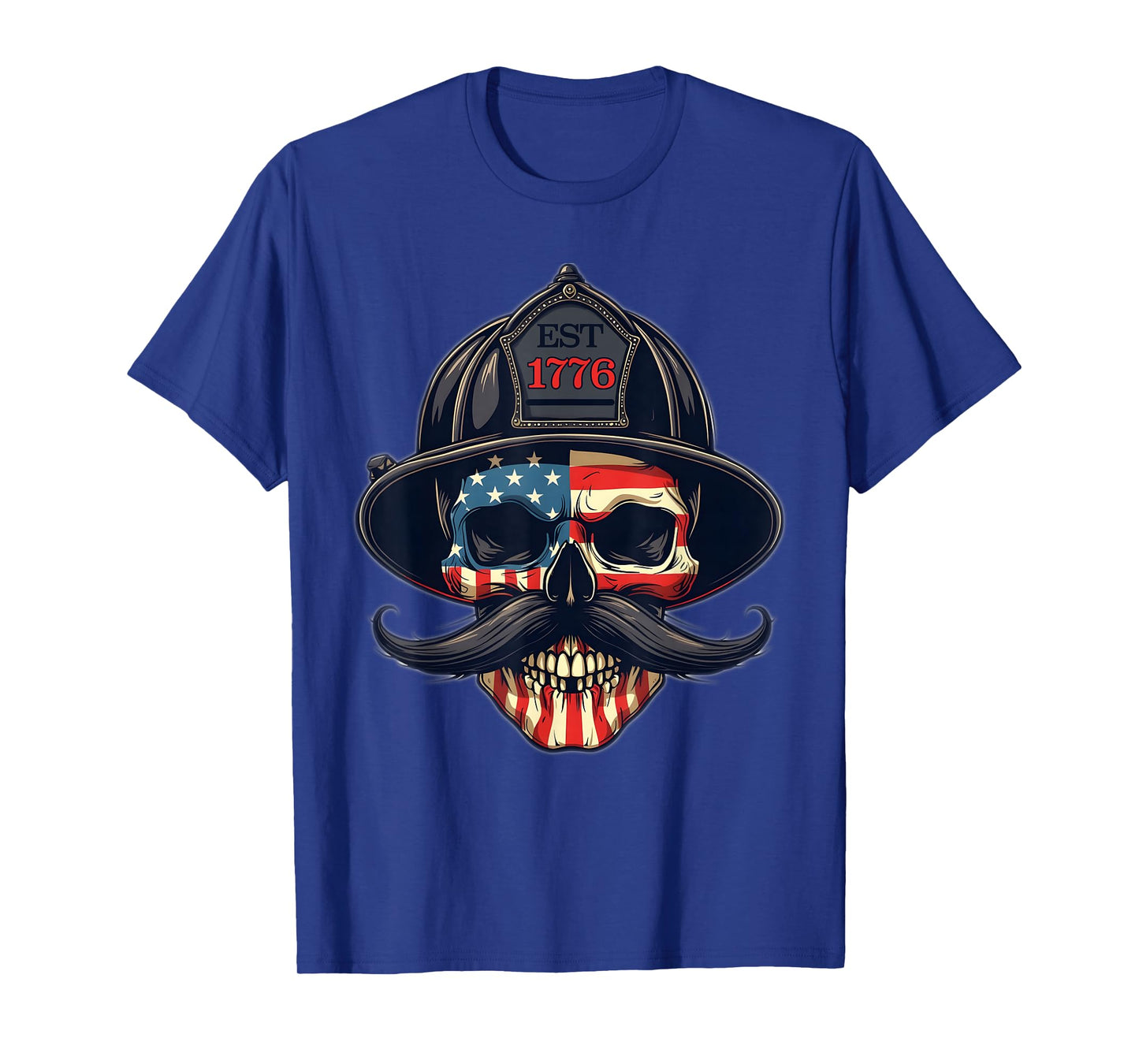 Firefighter Skull Mustache Fire Fighter Fireman USA Flag T-Shirt