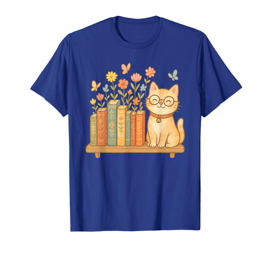 Cute Kawaii Cat Books Flowers T-Shirt