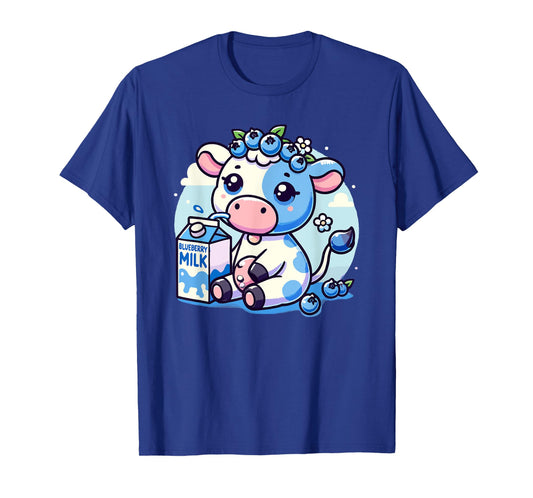 Cute Kawaii Blueberry Milk Cow Animal Milkshake T-Shirt