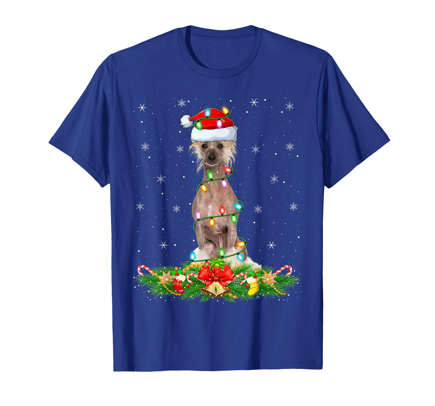Chinese Crested Dog Christmas Lights Funny Santa Hat Xmas T-Shirt