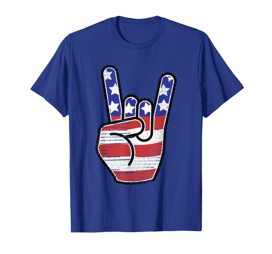 Rock n Roll Shirt USA Flag Horns Sign Retro Concert Band T-Shirt