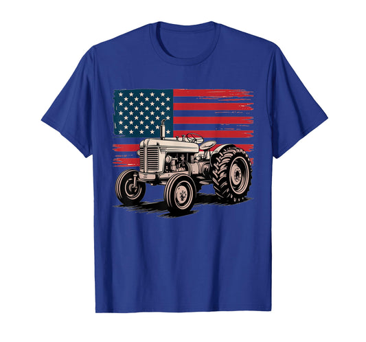 American Farm Tractor over Distressed Flag Heritage Graphic T-Shirt