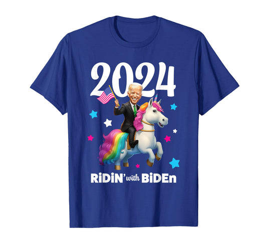 Ridin with Biden 2024 Joe Biden Riding Rainbow Unicorn T-Shirt