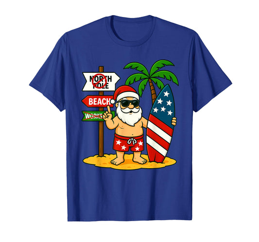 Christmas In July Santa & Surfboard USA Flag 4th Of July T-Shirt