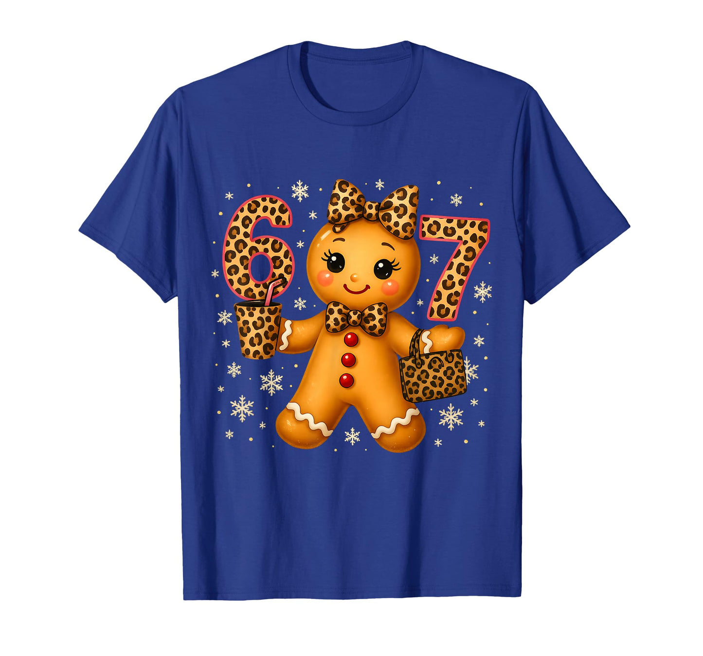 Funny 6 7 Christmas Leopard Bow Gingerbread Girls Women T-Shirt