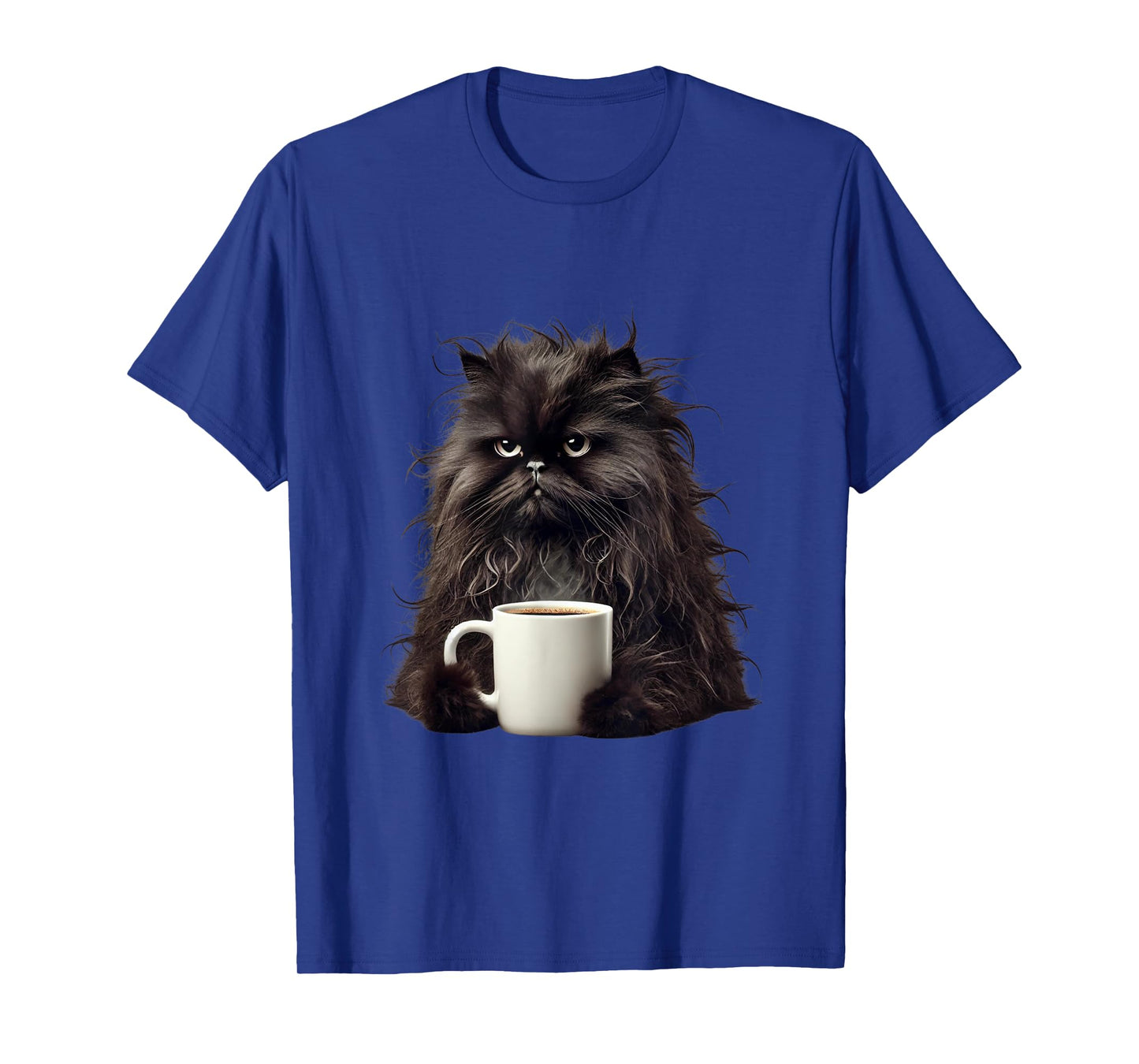 Fluffy Black Cat with Coffee Mug - Funny Cute Design Cat Mom T-Shirt
