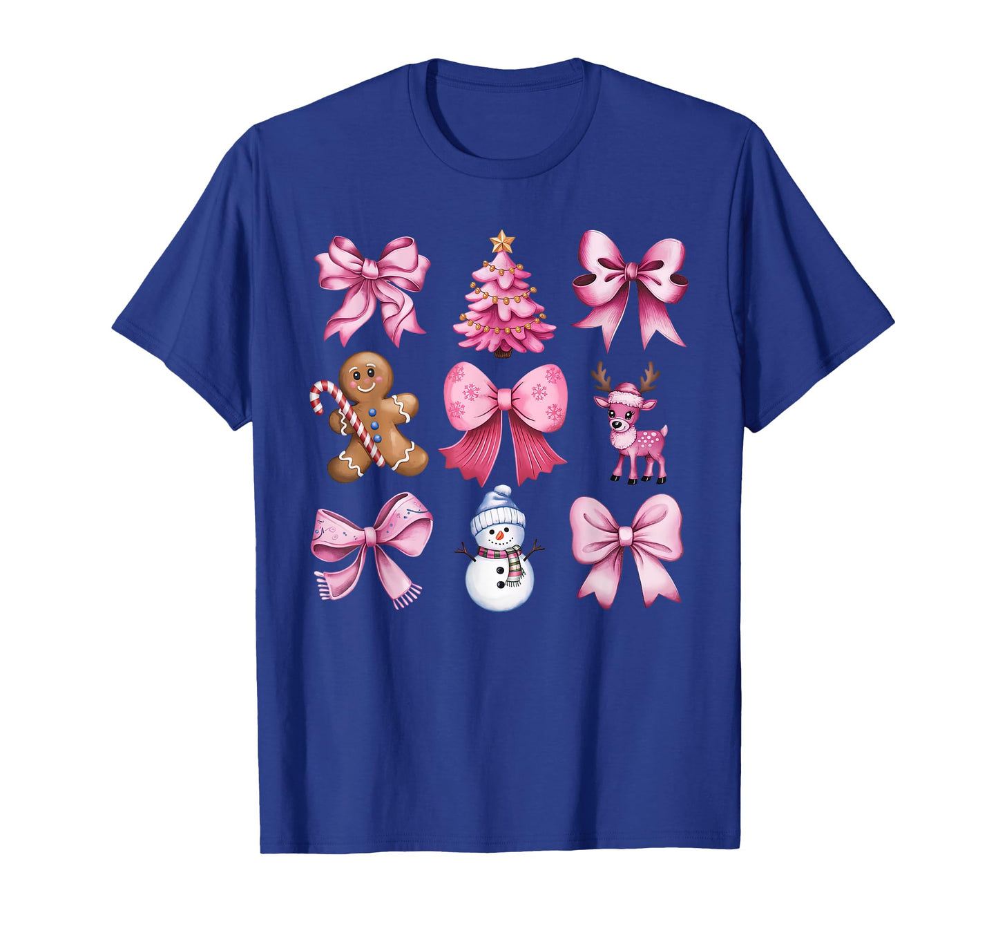 Cute Preppy Pink Christmas Tree Gingerbread Man Snowman Bow T-Shirt