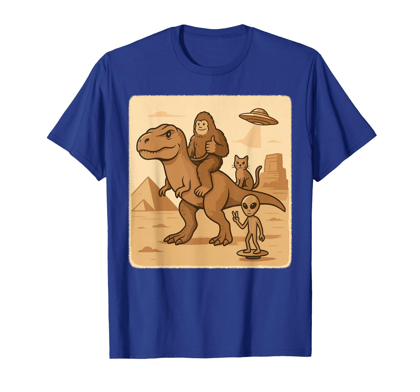Bigfoot Riding T Rex with Alien Cat UFO Desert Scene T-Shirt