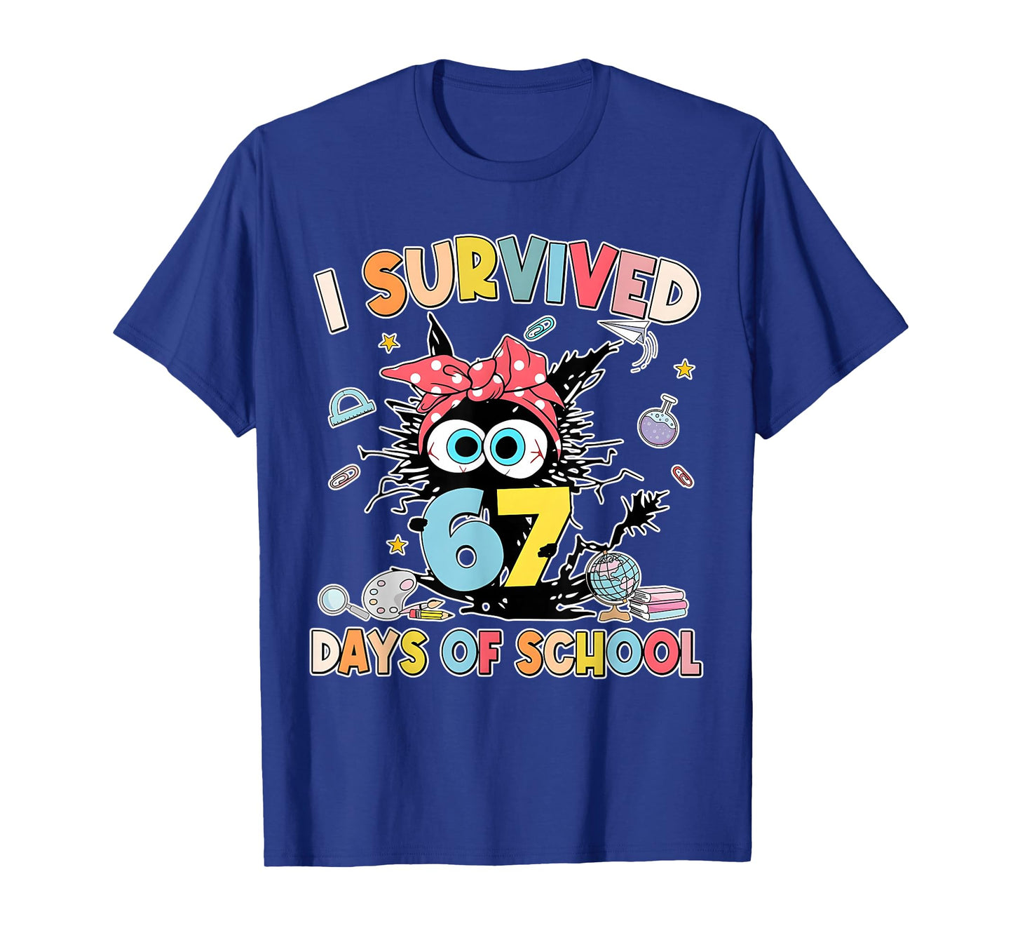 6 7 Meme Kids I Survived 67 Days of School Funny Black Cat T-Shirt