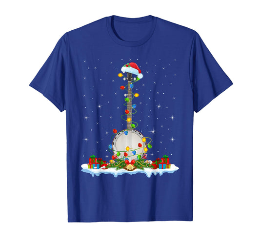 Banjo Christmas Lights Santa Hat Music Banjo Player Xmas T-Shirt