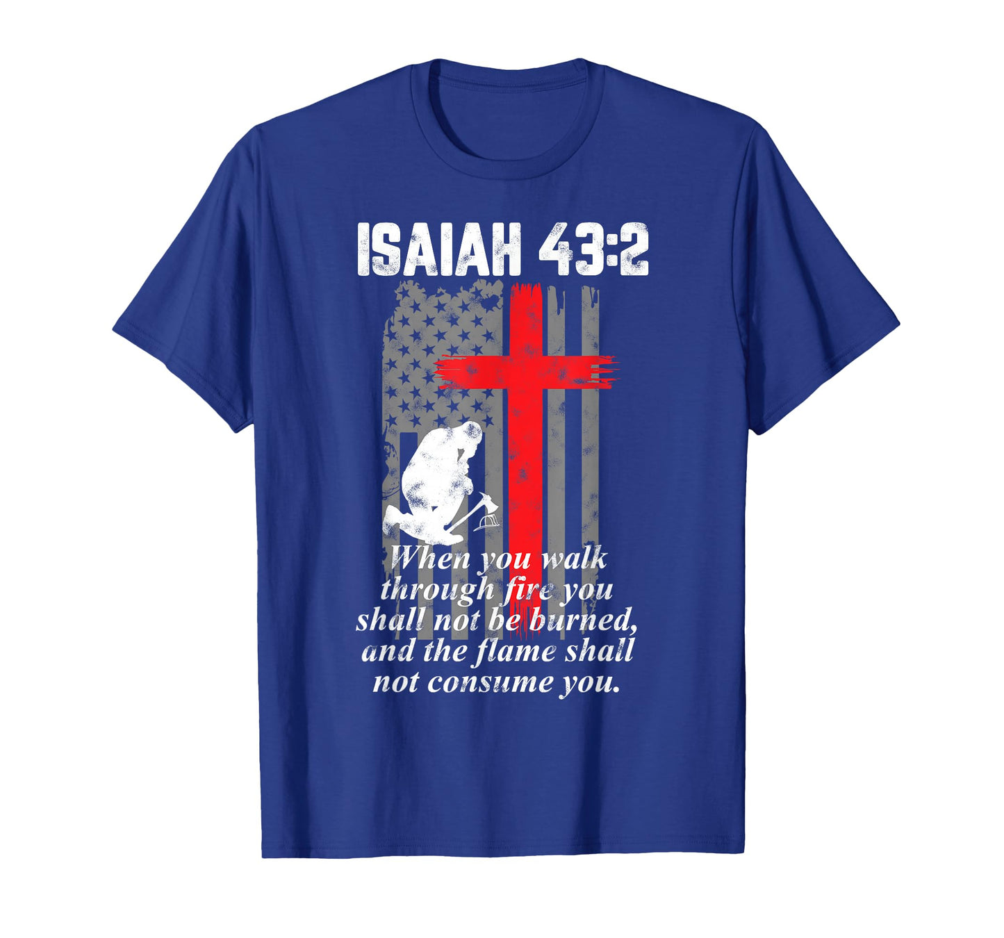 Thin Red Line Firefighter Cross Bible Verse American Flag T-Shirt Small