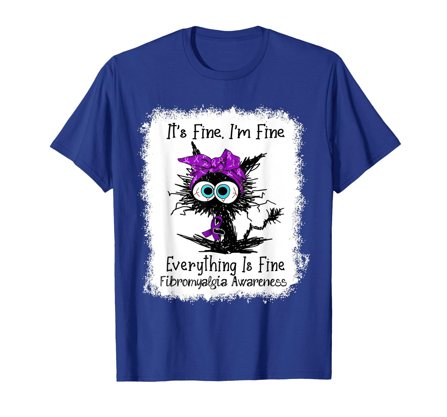 Black Cat Its Fine I'm Fine Fibromyalgia Awareness Bleached T-Shirt for Men Women