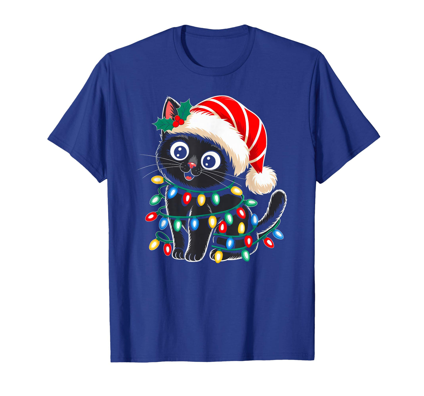 Black Cat Christmas Lights Santa Hat Xmas Pajamas Cat Lover T-Shirt