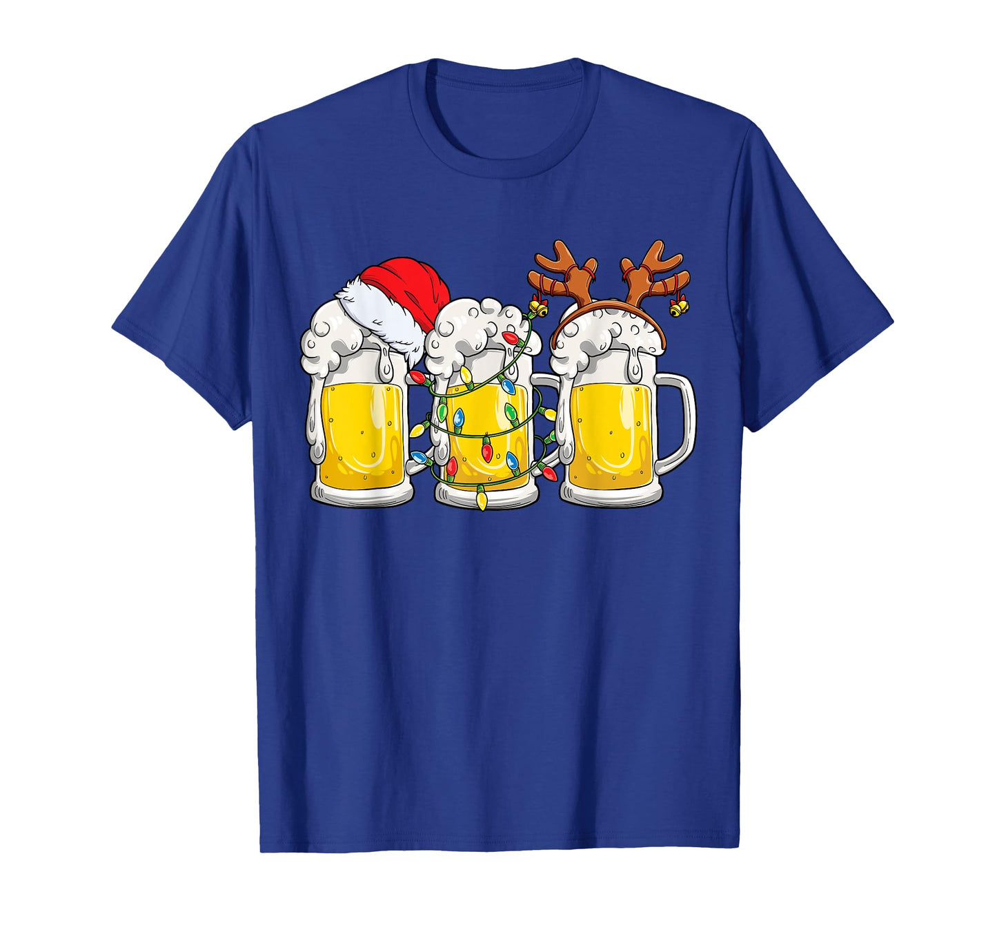 Beer Christmas Mug Santa Reinbeer Xmas Tree Lights Men Women T-Shirt