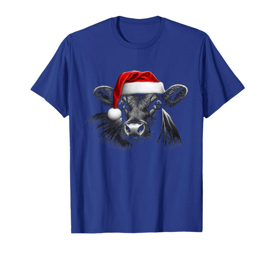 Angus Rancher Christmas Hat Cow Santa Hat Black T-Shirt