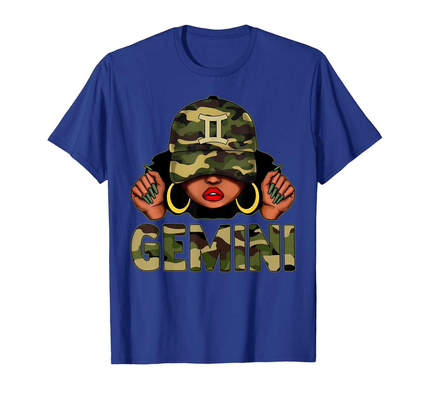 Gemini Queen Black Woman With Cap Camo Afro Girl Zodiac T-Shirt