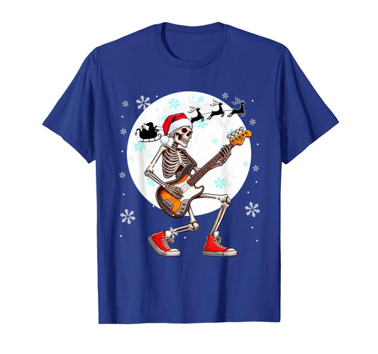 Christmas Santa Skeletons Playing Guitar Bass Guitarist T-Shirt