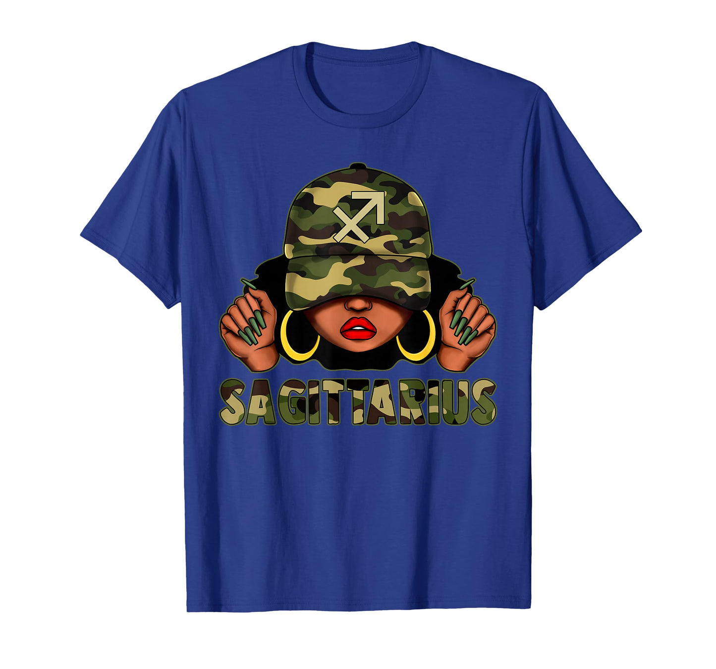 Sagittarius Queen Black Woman with Cap Camo Afro Girl Zodiac T-Shirt