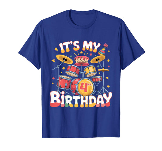 Kids 4 Year Old Drum Player Drummer Drumming Drumset 4th Birthday T-Shirt