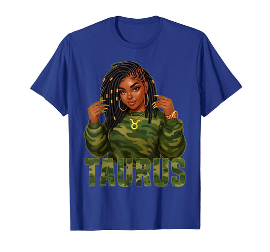Taurus Queen Loc'd Black Woman Camo Zodiac Sign T-Shirt