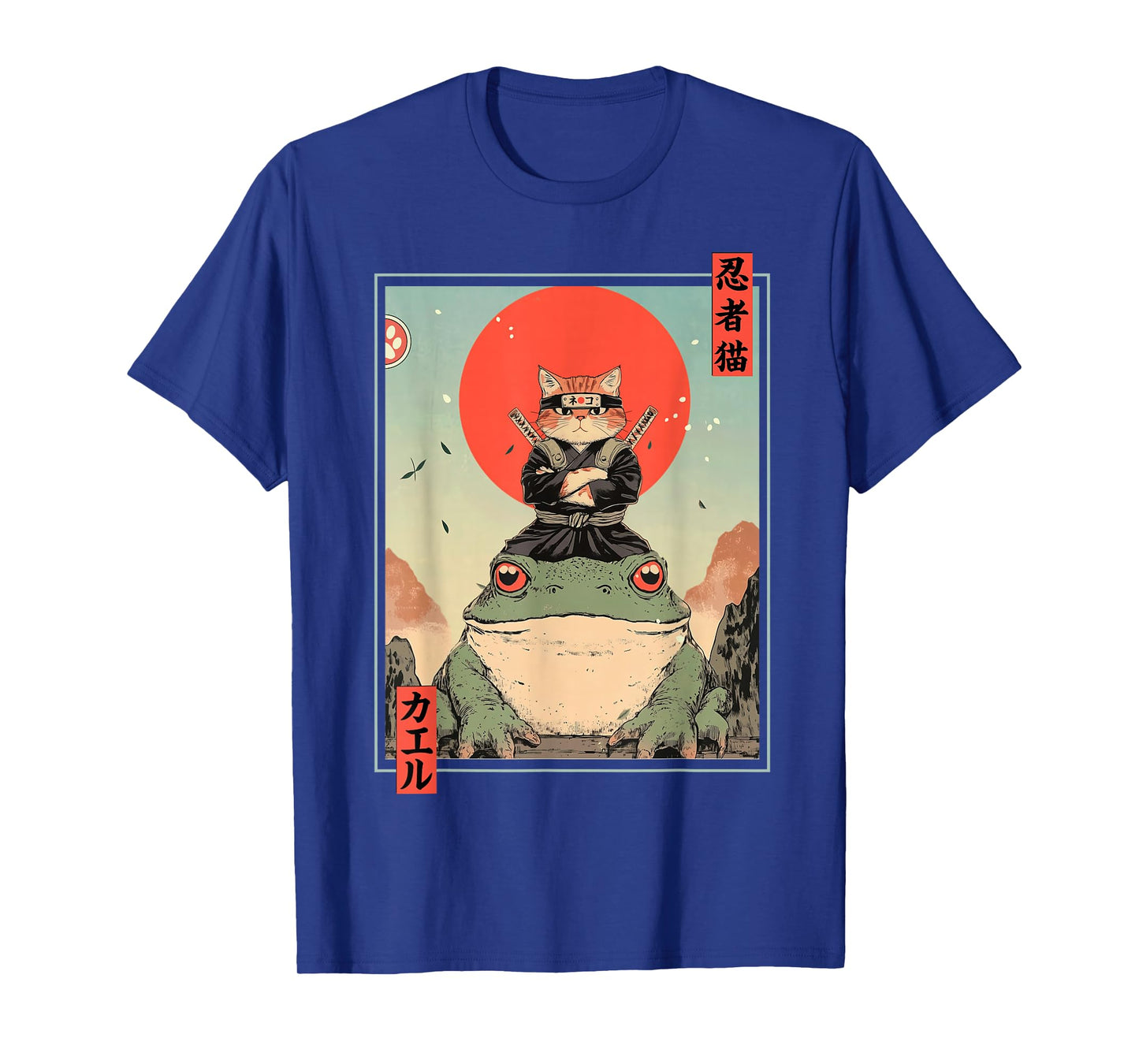 Japanese Ninja Cat and Frog Retro Anime Style Graphic T-Shirt