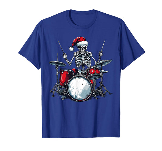 Santa Skeleton Playing Drum Percussionist Drummer Christmas T-Shirt