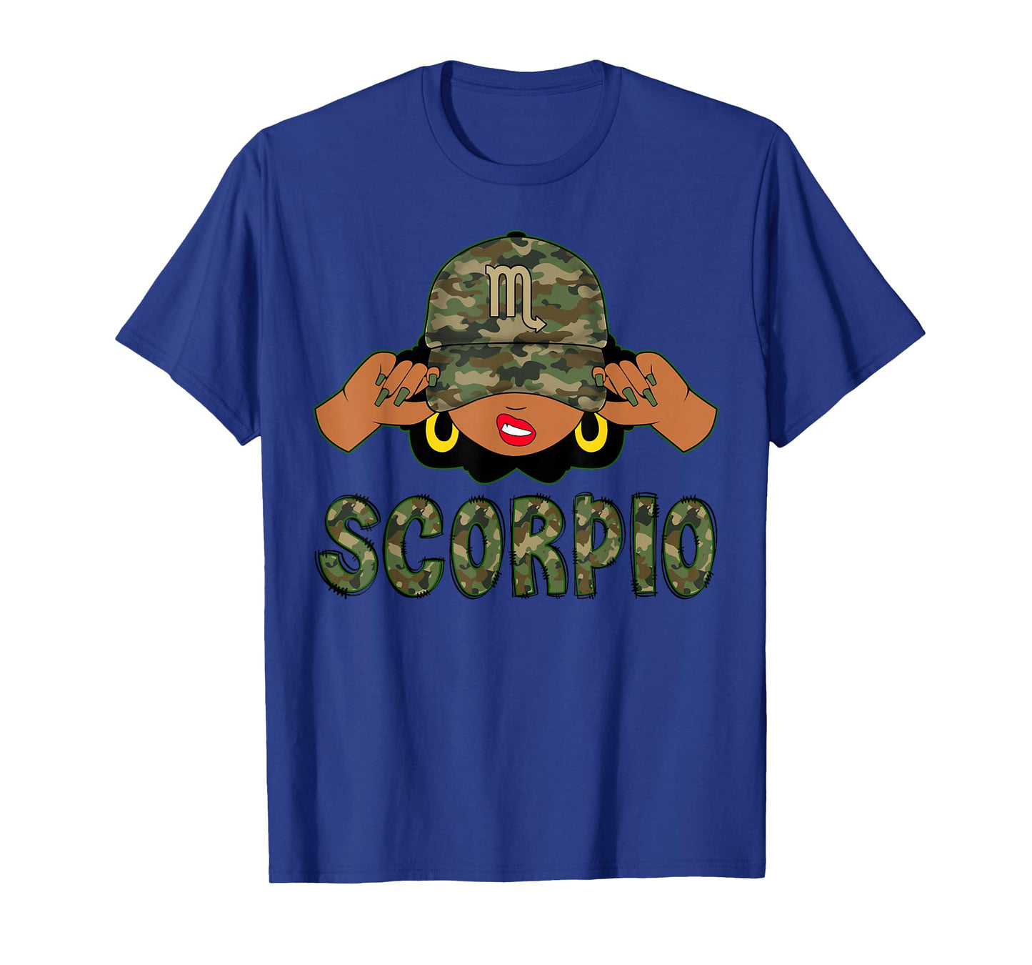 Scorpio Queen Black Woman With Camo Cap Afro Girl Zodiac T-Shirt