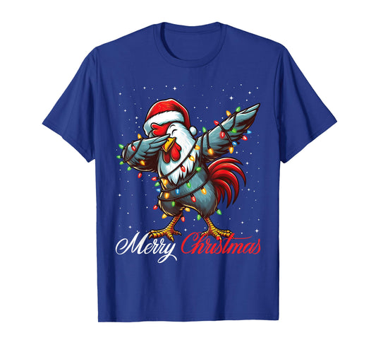 Dabbing Rooster Merry Christmas Lights Santa Hat Xmas Snow T-Shirt