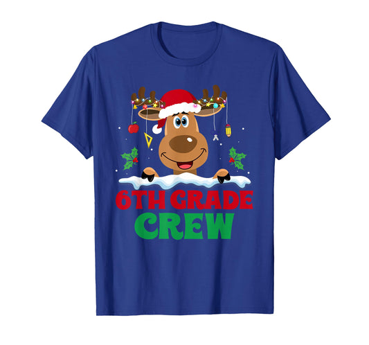 6th Grade Crew Reindeer Santa Hat Funny Christmas Teacher T-Shirt
