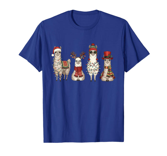 Christmas Llama Quartet Lights Santa Antlers Top Hat Scarf T-Shirt