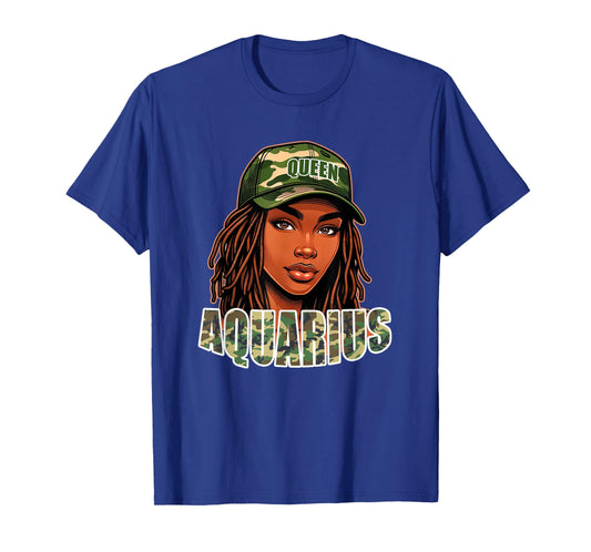 Aquarius Queen Black Woman Camo Hat Locs Birthday T-Shirt