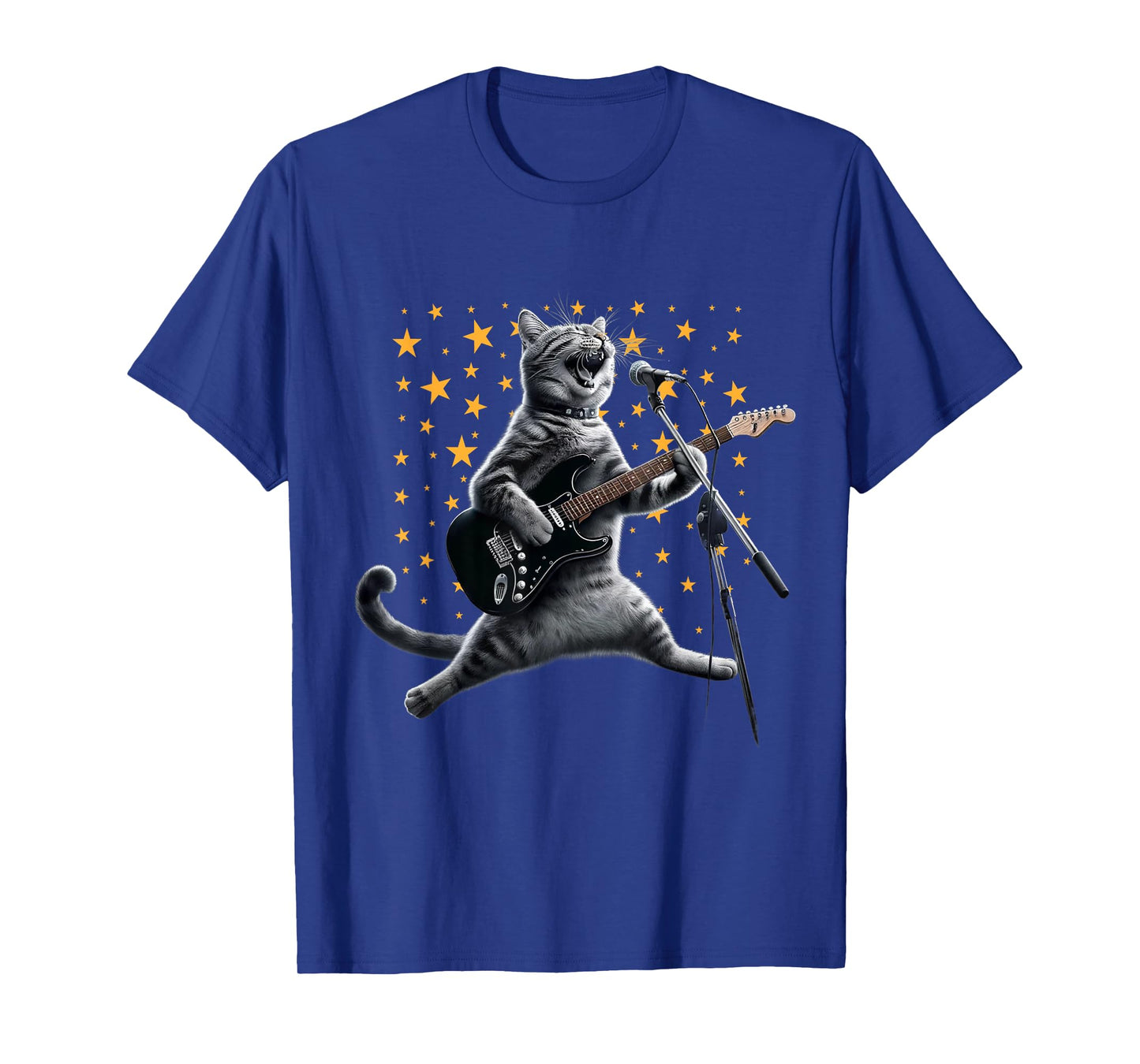 Rock Cat Playing Guitar Electric in space Funny kitty Galaxy T-Shirt