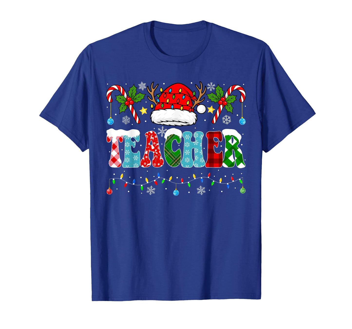 Santa Hat Teacher Christmas Lights Funny Christmas Teacher T-Shirt