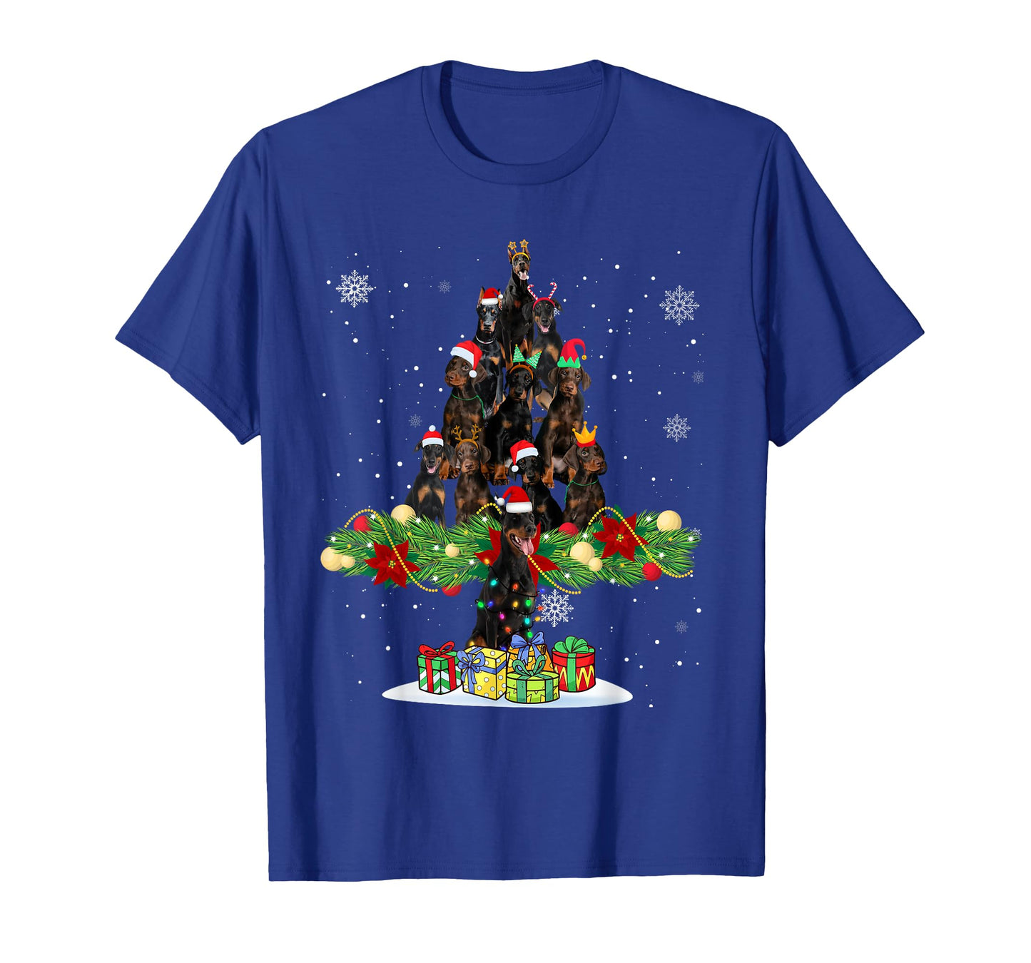Ugly Sweater Christmas Tree Doberman Dog Xmas Lights T-Shirt