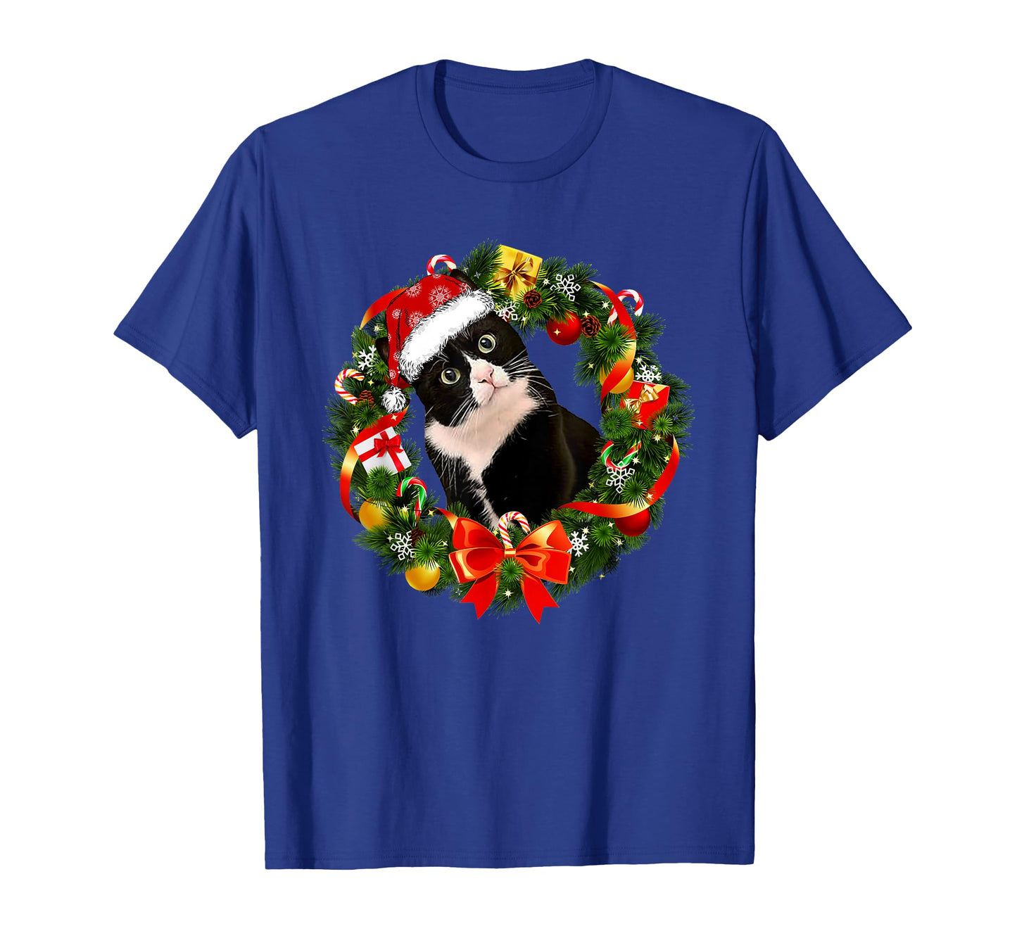 Funny Tuxedo Cat Christmas Wreath Ornament T-Shirt