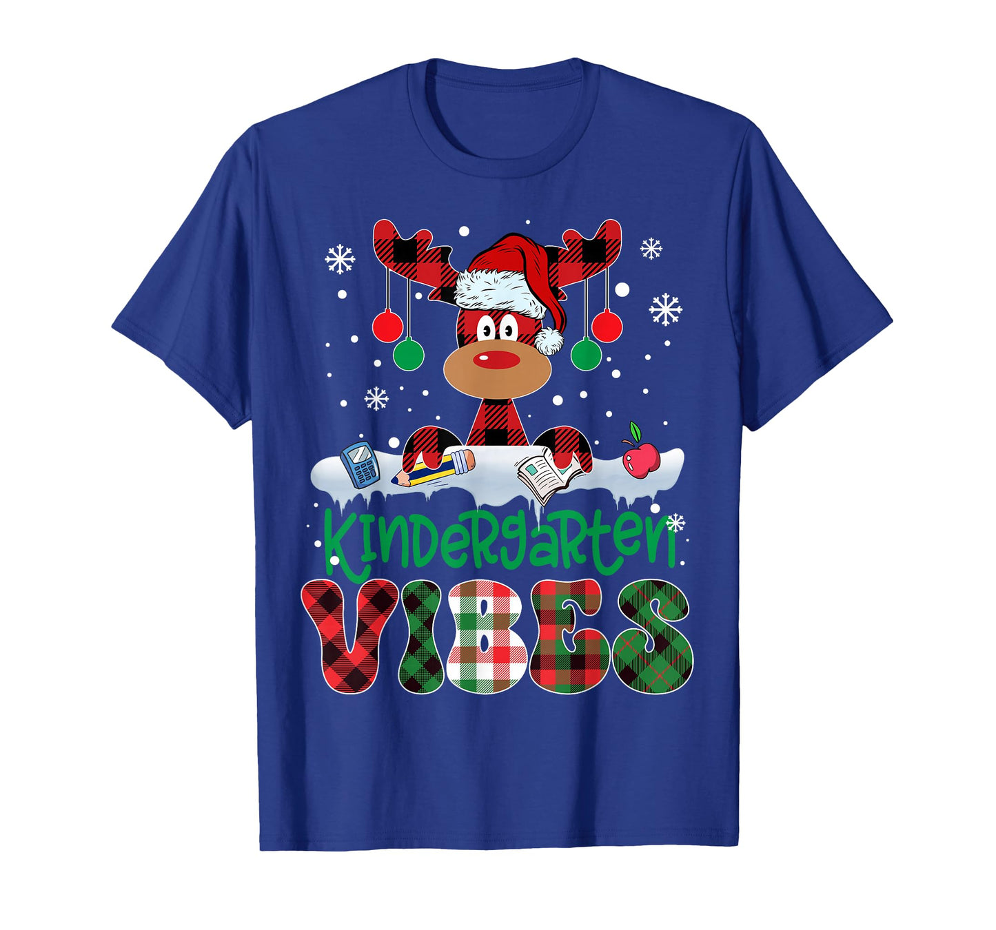 Kindergarten Vibes Teacher Buffalo Plaid Reindeer Christmas T-Shirt