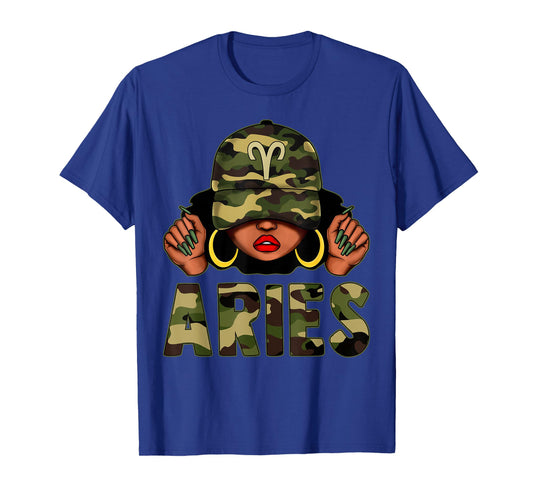 Aries Queen Black Woman With Cap Camo Afro Girl Zodiac T-Shirt