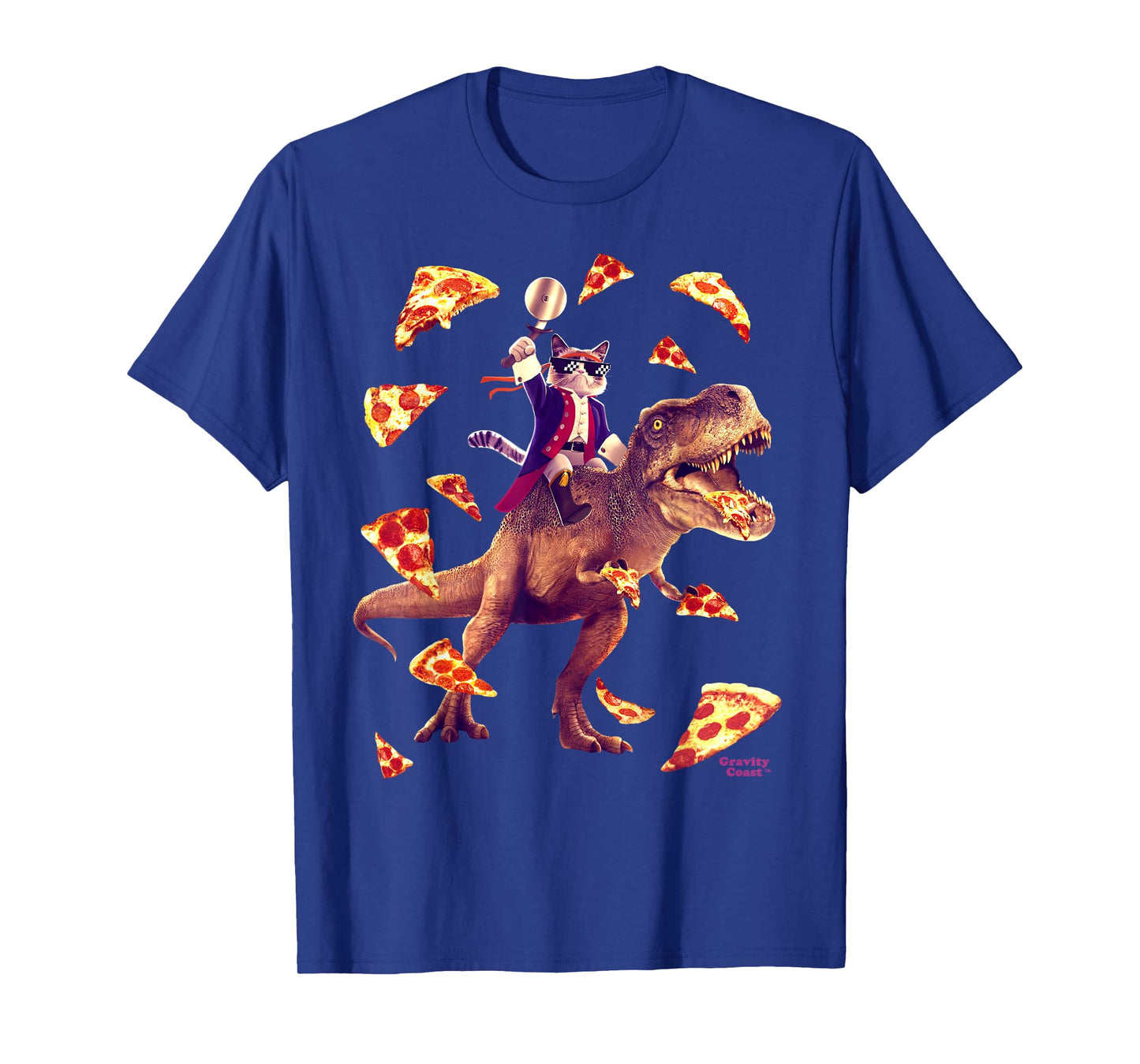 Samurai Cat Riding T Rex Eating Pizza Funny Dino for Kids T-Shirt