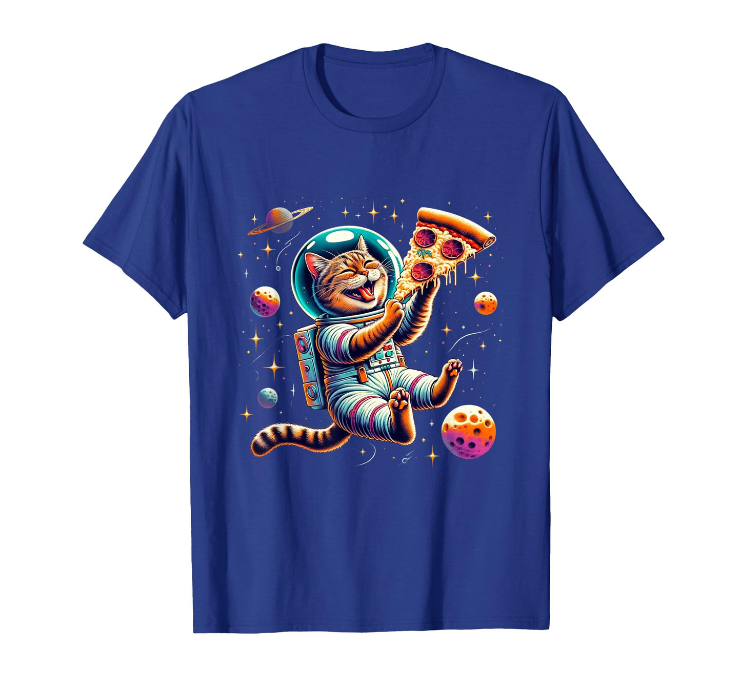Funny Cat eating Pizza in space kitty Galaxy T-Shirt for Men Women Kids