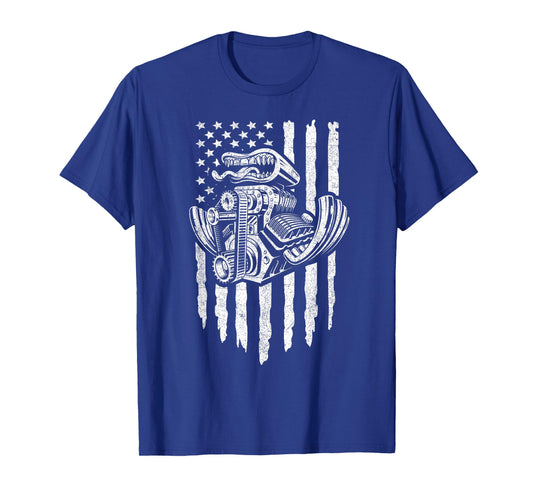 American Flag Muscle Car Motor Hot Rod Engine Drag Racing T-Shirt