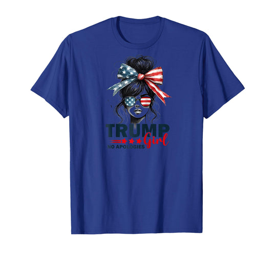 Trump Girl No Apologies Messy Bun Sunglasses Trump 2024 USA Raglan Baseball Tee
