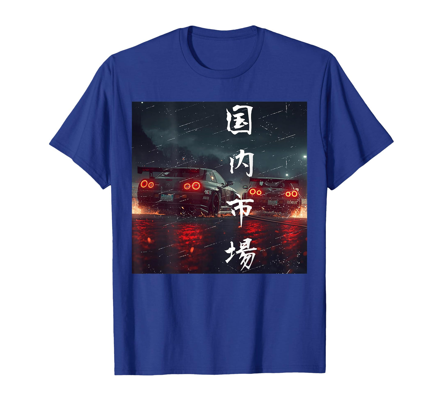 Backprint JDM Drift Race Cars Racing Rainy Night Scene Art T-Shirt