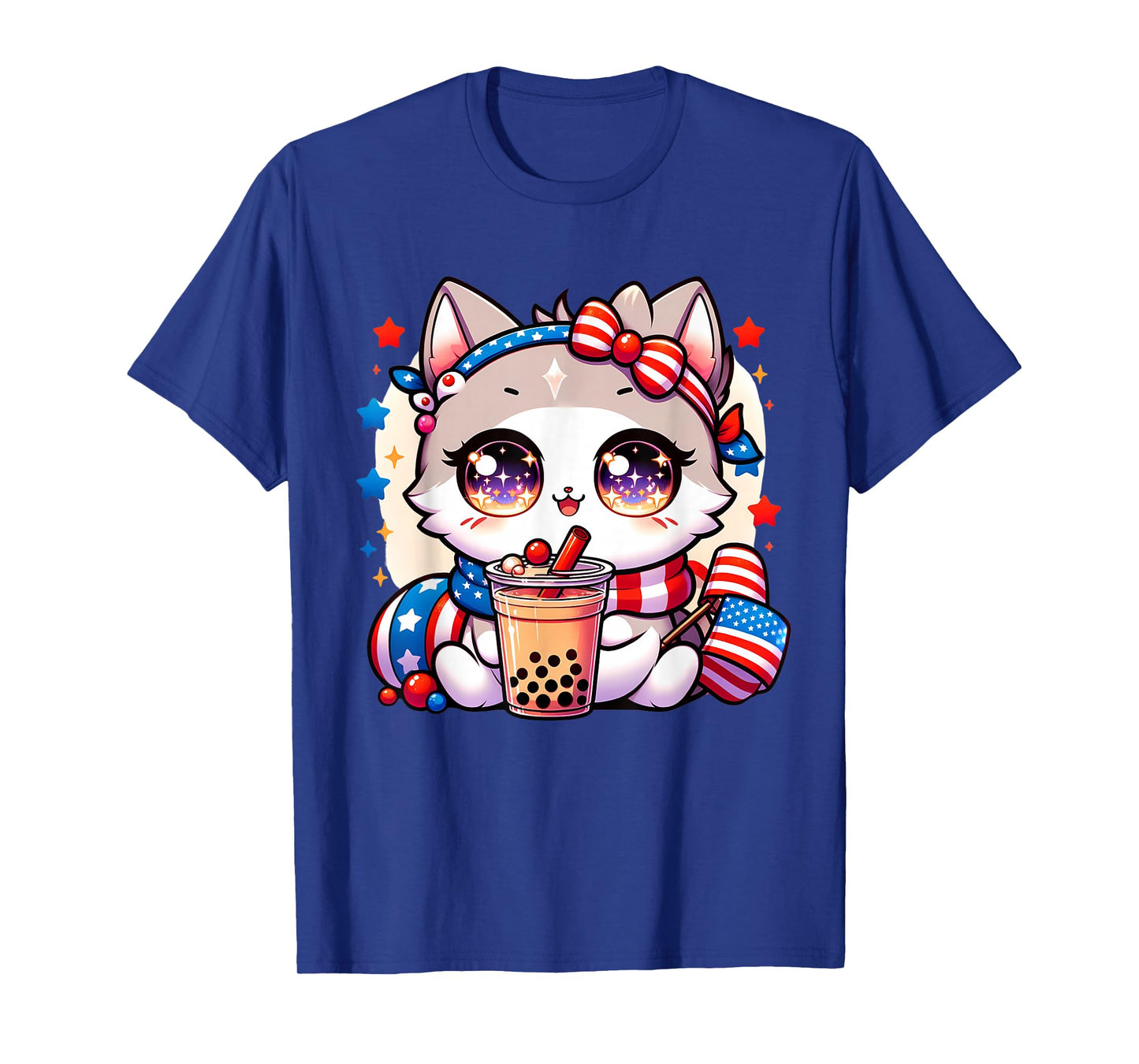Cute 4th of July Cat Shirt Girls Kawaii Anime Boba Tea USA T-Shirt