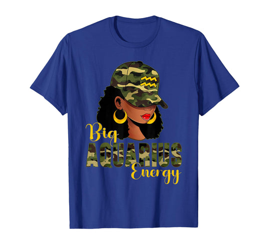 Big Aquarius Energy Camouflage Black Woman Cap Zodiac T-Shirt