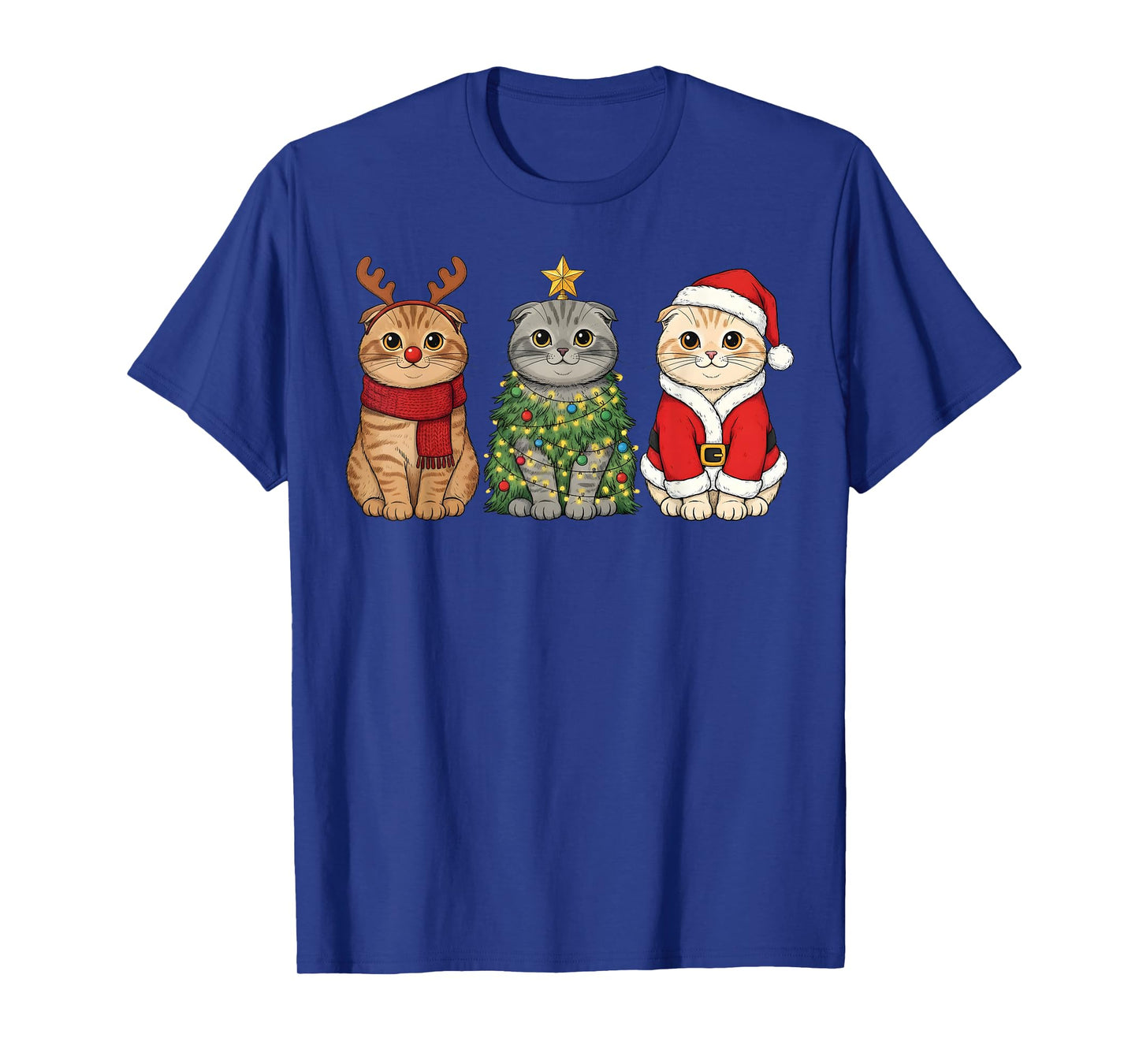 Retro Christmas Scottish Fold Cat Santa Reindeer T-Shirt